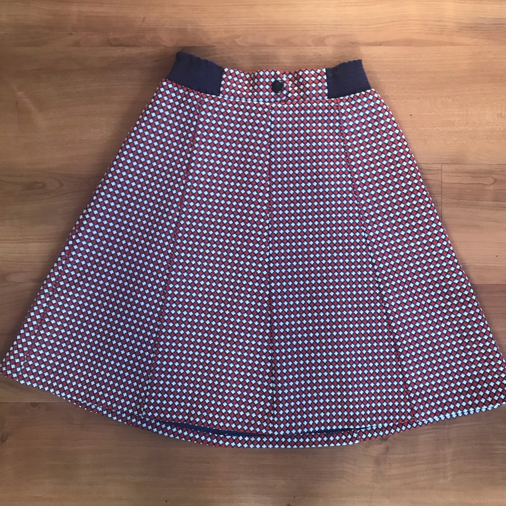 Vintage 70s red white and blue print textured paneled A line fit and flare skirt